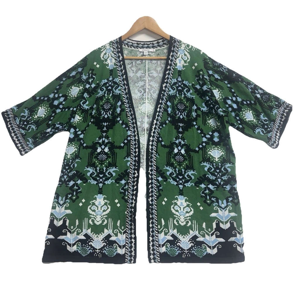 Chico Women's Size 3 (XL) Green Linen Cotton Open Front Kimono Cardigan Boho